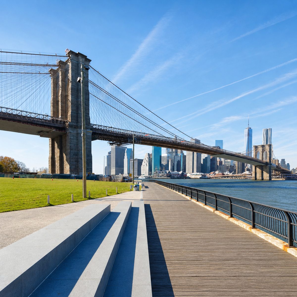 A waterfront city day from Brooklyn Bridge Park
